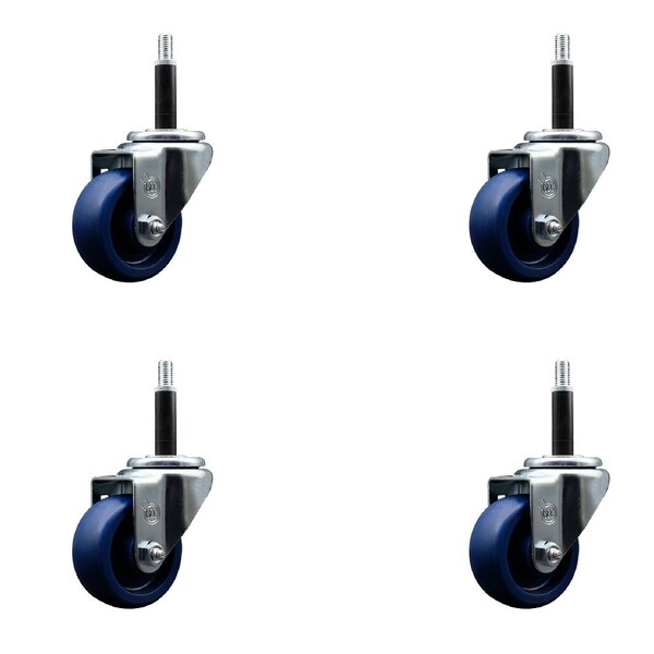 3'' SS Solid Poly Wheel Swivel 3/4'' Expanding Stem Caster Set, 4PK